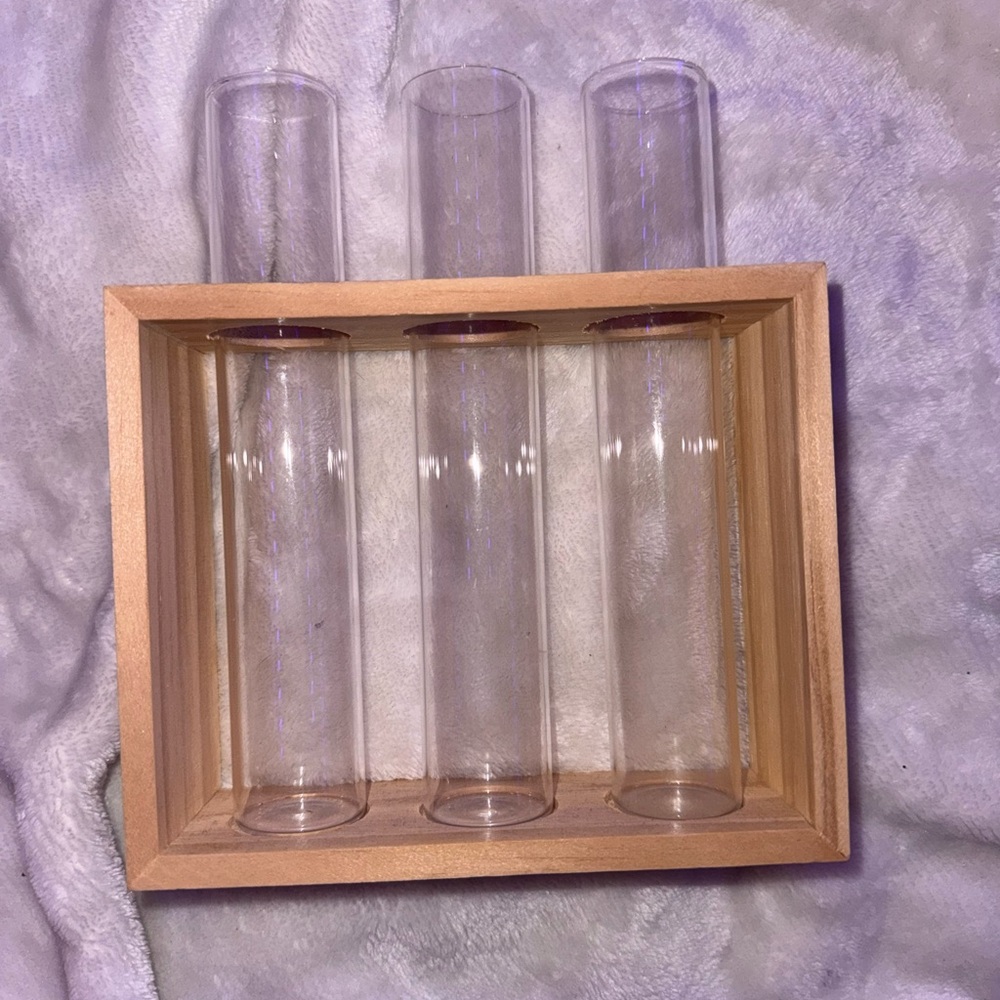 Wooden Frame with Clear Glass Vases/beakers